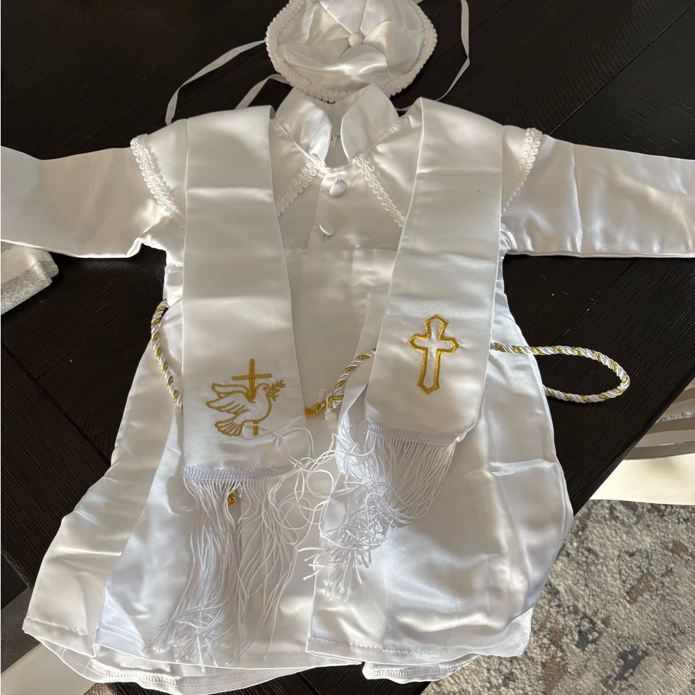 Unotux white satin, baby boys christening or baptism romper